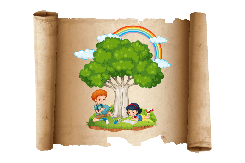 a scroll of paper with cartoon characters