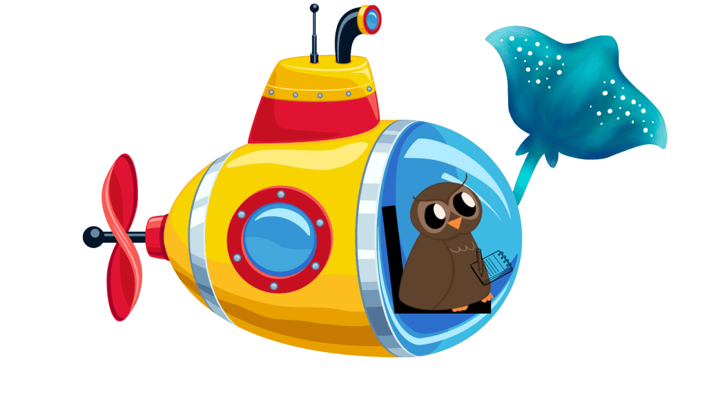 cartoon of a yellow submarine with a bird in the window